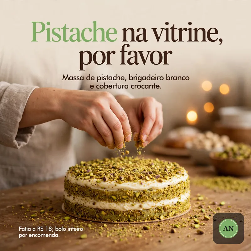 Post de confeitaria: pistache na vitrine, por favor, com o bolo sendo finalizado.