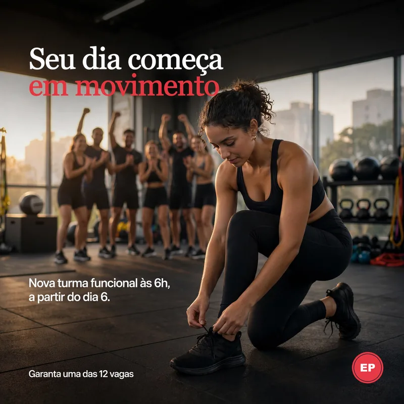 Post de estúdio funcional: seu dia começa em movimento, turma nova às 6h.